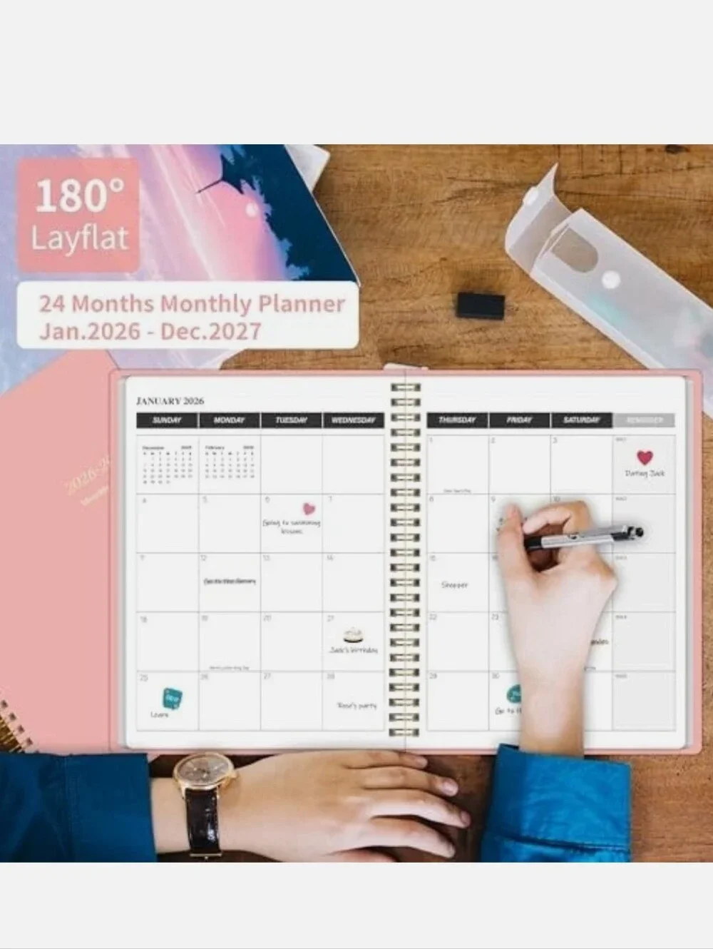 Monthly Planner 2026-2027, Jan 2026 - Dec 2027, 2 Year Calendar 2026-2027 Pink